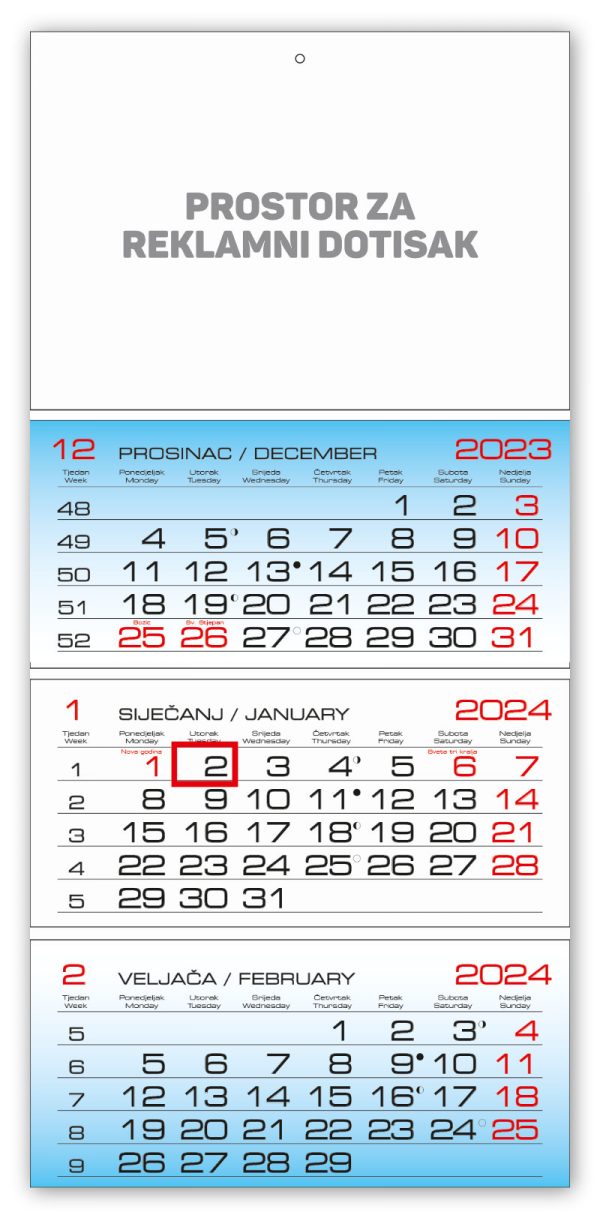 Trodjelni savijani kalendar 3 bloka
