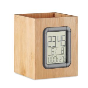 Bamboo pen holder and LCD clock MO6289